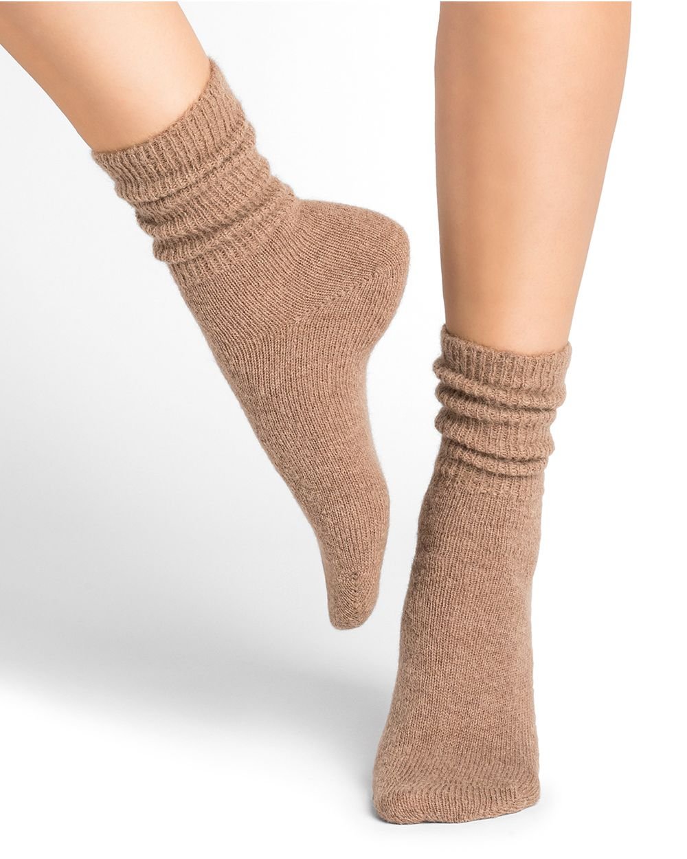 Bleuforêt Alpaca Wool Socks in Chamois brown worn mid-calf, with ribbed finish and cosy French-made warmth, from The Foundation.