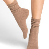 Bleuforêt Alpaca Wool Socks in Chamois brown worn mid-calf, with ribbed finish and cosy French-made warmth, from The Foundation.