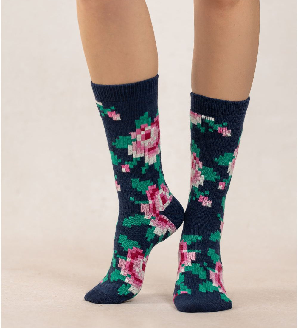 Women's Pink and green pixelated floral print sock on navy base colour