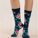Women's Pink and green pixelated floral print sock on navy base colour