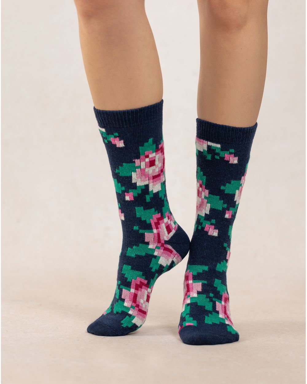 Women's Pink and green pixelated floral print sock on navy base colour