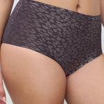 Ink colour ladies underpants with shimmer metalic animal print close up front view