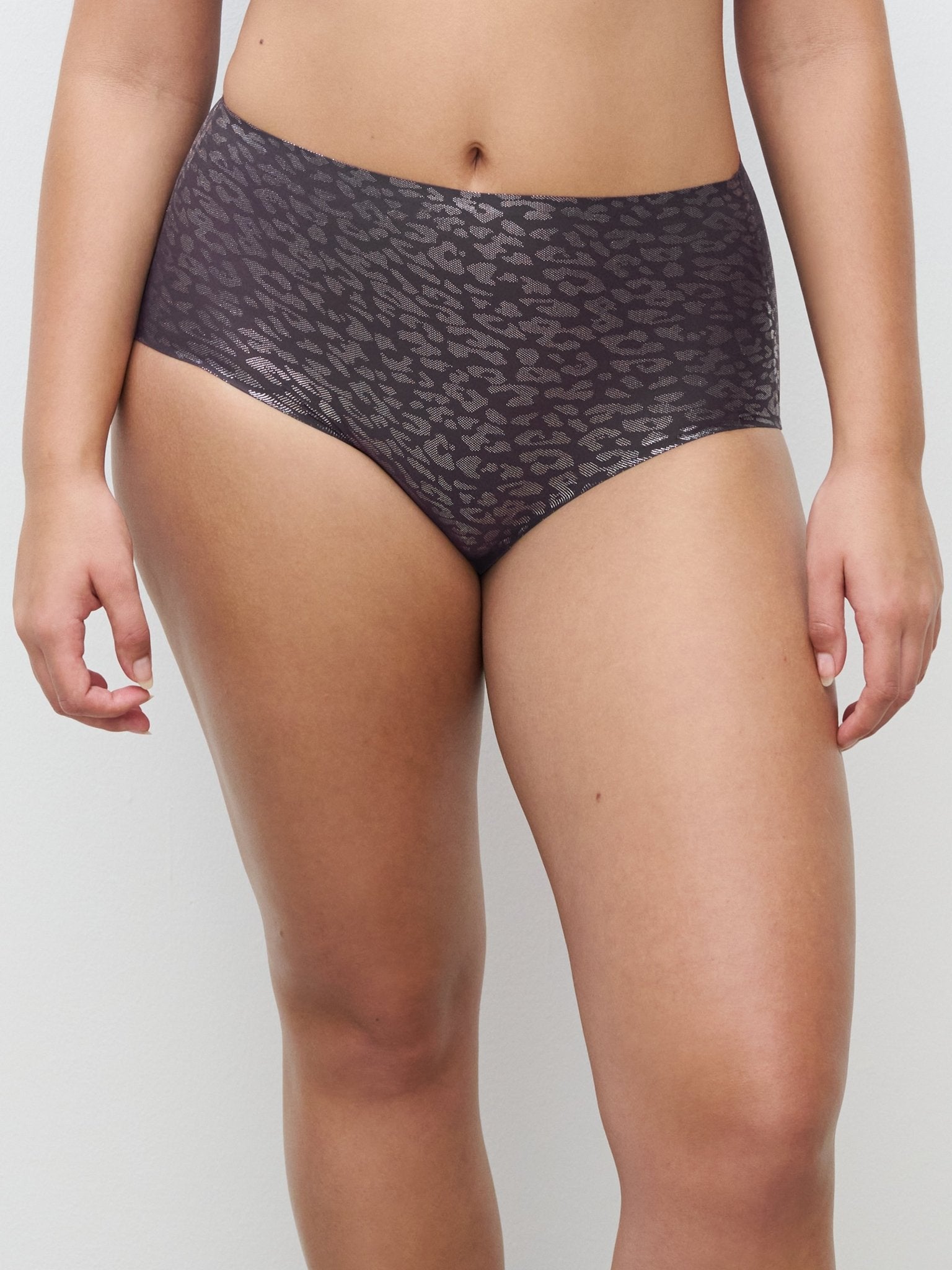 ladies underpants with high waist in ink colour with shimmer animal print front view