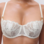 close-up of Chantelle Fleurs Satin Half Cup Bra in ivory, satin and lace detail, bridal lingerie.