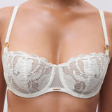 close-up of Chantelle Fleurs Satin Half Cup Bra in ivory, satin and lace detail, bridal lingerie.