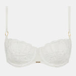 Chantelle Fleurs Satin Half Cup Bra in ivory, satin overlay, signature lace, supportive underwire half cup bra.