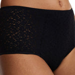 Close-up of floral lace pattern and opaque knit on Norah High Waist Covering Brief Black, featured at The Foundation.