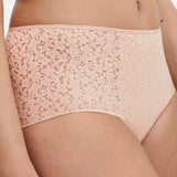 Close-up front view of Chantelle Norah High Waist Brief in Golden Beige with floral knit detail and retro silhouette, available at The Foundation.