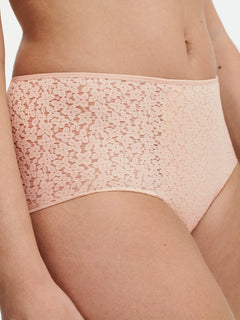 Close-up front view of Chantelle Norah High Waist Brief in Golden Beige with floral knit detail and retro silhouette, available at The Foundation.
