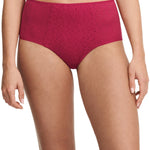 Front view of the Chantelle Norah High Waist Brief in Cosmo pink, featuring soft knit fabric and floral lace, available at The Foundation.