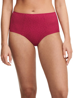 Front view of the Chantelle Norah High Waist Brief in Cosmo pink, featuring soft knit fabric and floral lace, available at The Foundation.