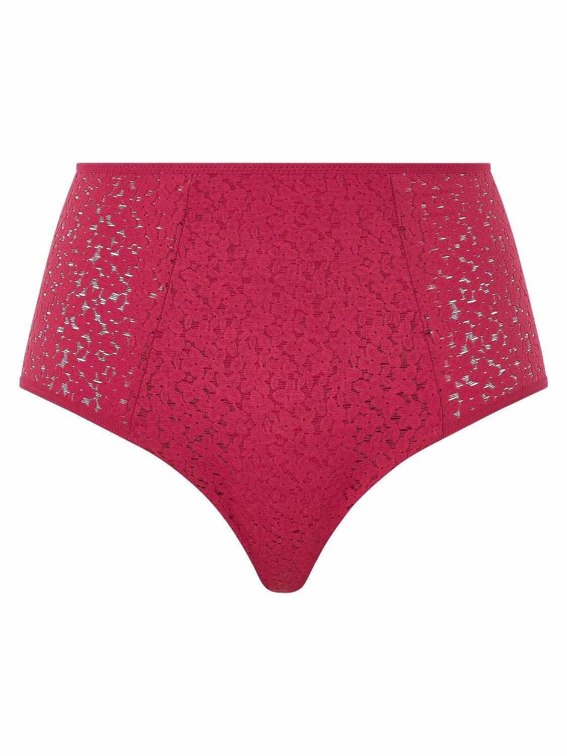 Flat lay of the Norah High Waist Covering Brief by Chantelle in Cosmo pink, showing full coverage and lace detail, stocked by The Foundation.