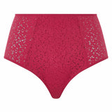 Flat lay of the Norah High Waist Covering Brief by Chantelle in Cosmo pink, showing full coverage and lace detail, stocked by The Foundation.