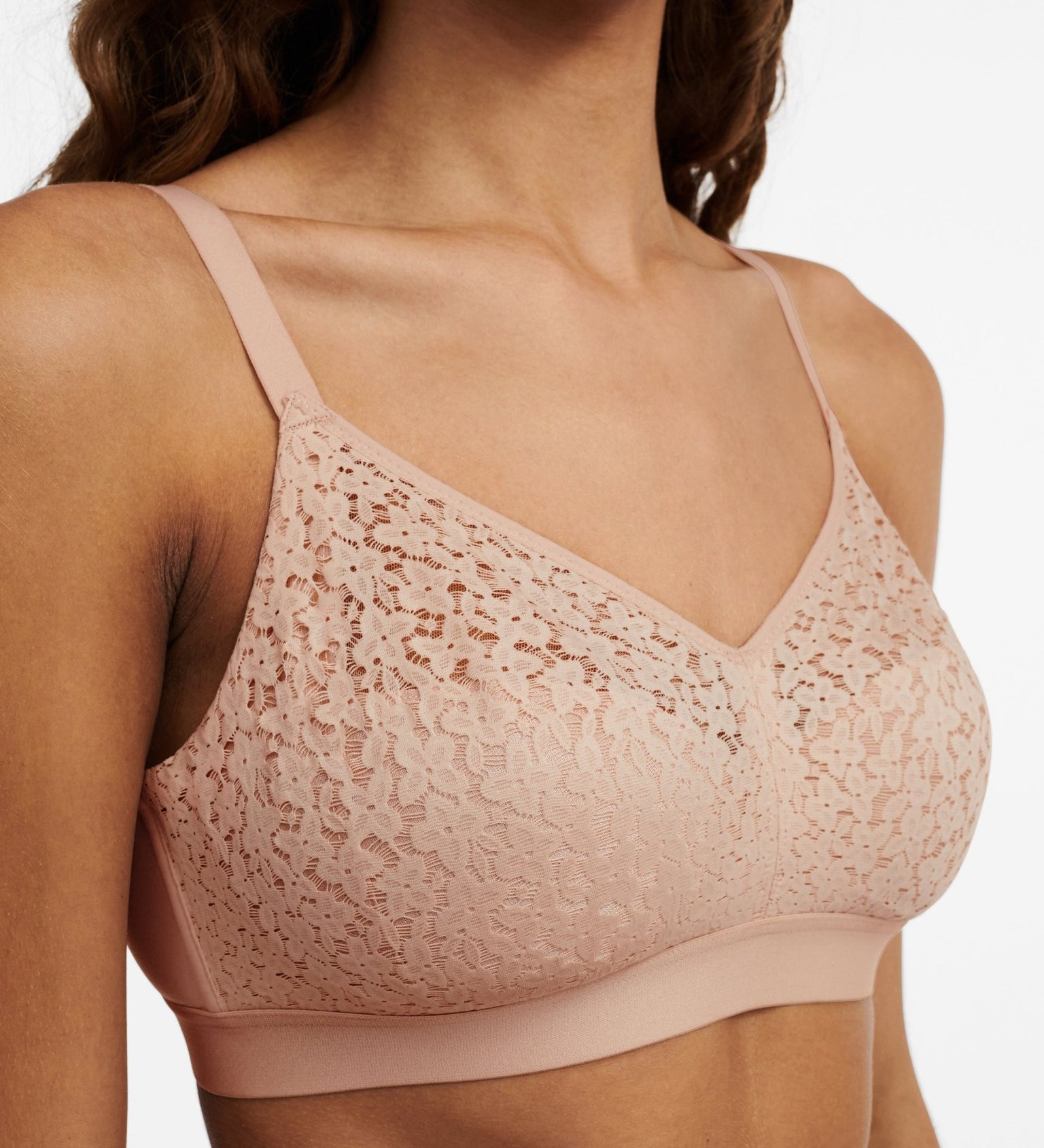 Side view of The Foundation’s Norah Wirefree Support Bra in Golden Beige with delicate floral lace and soft moulded finish.