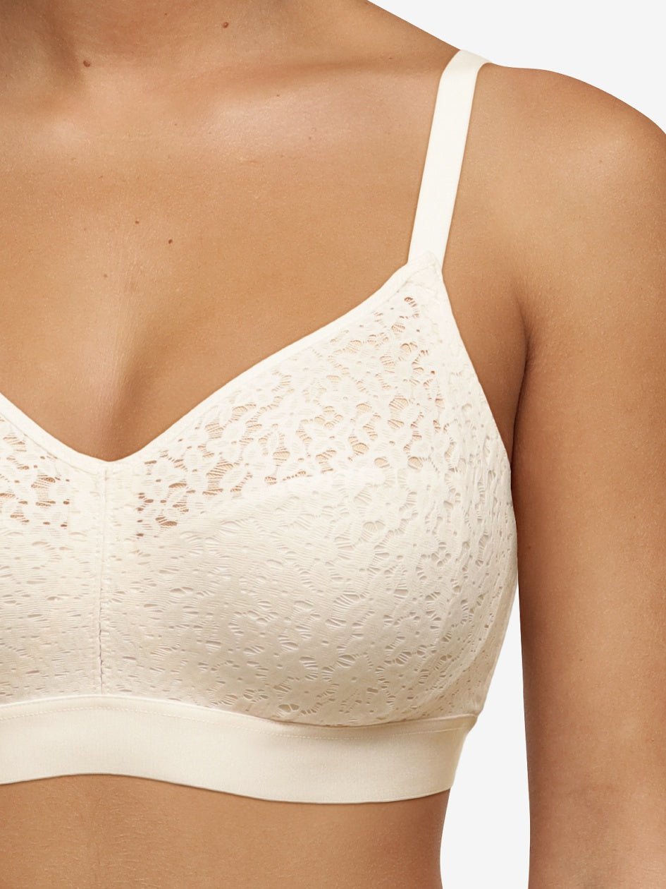 Chantelle Norah Wirefree Support Bra Pearl, side view on model displaying soft cups and floral stretch lace, luxury lingerie at The Foundation.