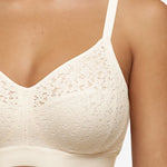 Chantelle Norah Wirefree Support Bra Pearl, side view on model displaying soft cups and floral stretch lace, luxury lingerie at The Foundation.