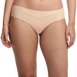 Front view of Chantelle Norah Bikini Brief Golden Beige, mid-rise style with lace detail, seamless comfort lingerie at The Foundation.