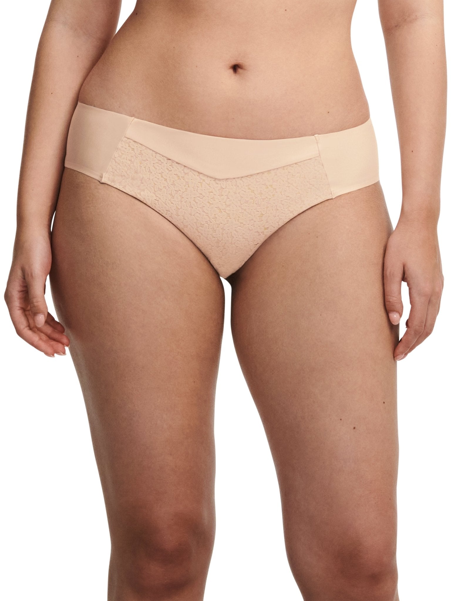 Front view of Chantelle Norah Bikini Brief Golden Beige, mid-rise style with lace detail, seamless comfort lingerie at The Foundation.