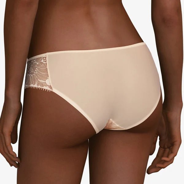 Back view of Day to Night bikini brief in golden beige, featuring soft stretch mesh and clean seam finish.