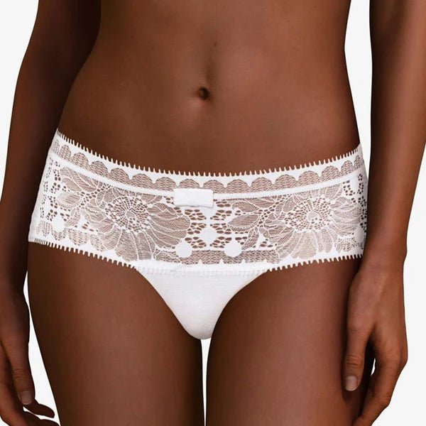 Chantelle Day to Night Shorty Brief in White, featuring lace front and hipster cut, available at The Foundation.