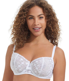 Front view of Chantelle Day to Night Half Cup Bra in White featuring refined Lycra lace and demi cups for natural lift, from The Foundation.