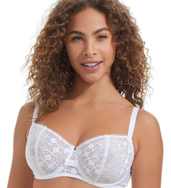 Front view of Chantelle Day to Night Half Cup Bra in White featuring refined Lycra lace and demi cups for natural lift, from The Foundation.