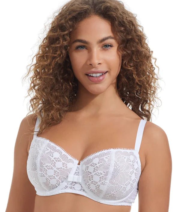 Front view of Chantelle Day to Night Half Cup Bra in White featuring refined Lycra lace and demi cups for natural lift, from The Foundation.