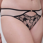 Close-up of Chantelle Pulp Lush Bikini Brief Black/Soft Pink, floral lace detailing, medium coverage style, designer lingerie.