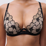 Front detail of Chantelle Lush Plunge T-Shirt Bra Black/Soft Pink, bold graphic lace, blush lining, supportive full cup.