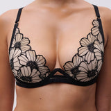 Front detail of Chantelle Lush Plunge T-Shirt Bra Black/Soft Pink, bold graphic lace, blush lining, supportive full cup.