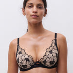 Chantelle Pulp Lush Plunge T-Shirt Bra in Black/Soft Pink, graphic floral lace, blush lining, supportive spacer foam cups.