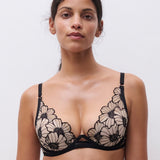Chantelle Pulp Lush Plunge T-Shirt Bra in Black/Soft Pink, graphic floral lace, blush lining, supportive spacer foam cups.
