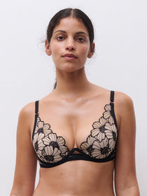 Chantelle Pulp Lush Plunge T-Shirt Bra in Black/Soft Pink, graphic floral lace, blush lining, supportive spacer foam cups.