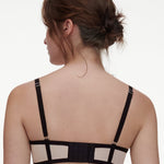 back view of Chantelle Lush Plunge T-Shirt Bra Black/Soft Pink, soft adjustable straps, floral lace.