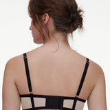 back view of Chantelle Lush Plunge T-Shirt Bra Black/Soft Pink, soft adjustable straps, floral lace.