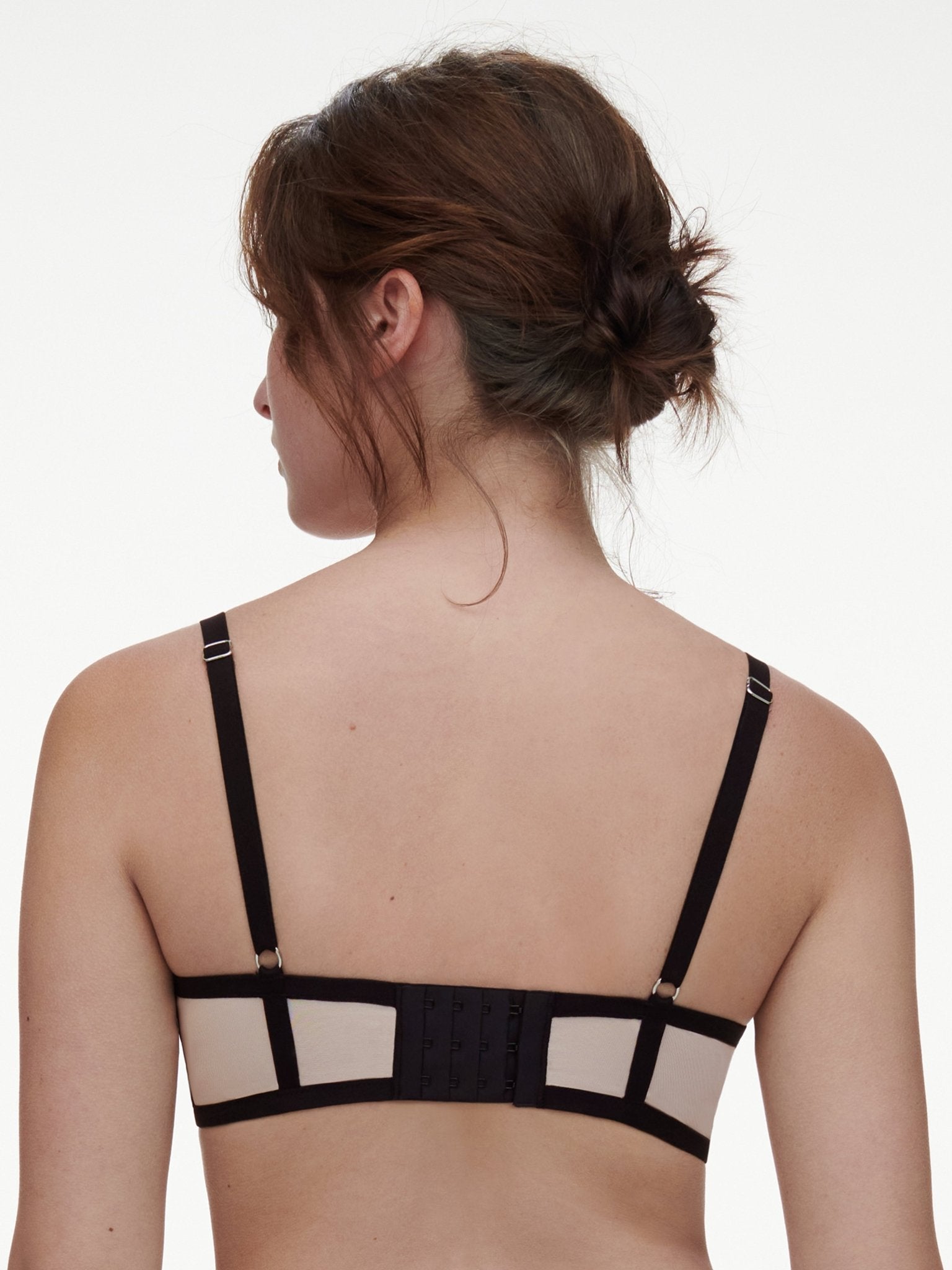 back view of Chantelle Lush Plunge T-Shirt Bra Black/Soft Pink, soft adjustable straps, floral lace.