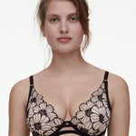 Front view of Chantelle Lush Plunge T-Shirt Bra Black/Soft Pink, adjustable closure, floral lace, blush lining.