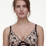 Front view of Chantelle Lush Plunge T-Shirt Bra Black/Soft Pink, adjustable closure, floral lace, blush lining.