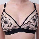 Close-up of Chantelle Pulp Lush Wirefree Triangle Bra, floral lace cups, delicate blush lining, wireless and comfortable.