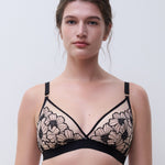 Chantelle Pulp Lush Wirefree Triangle Bra Black/Soft Pink, front view, floral lace wireless bralette, luxury lingerie at The Foundation