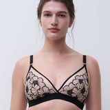 Chantelle Pulp Lush Wirefree Triangle Bra Black/Soft Pink, front view, floral lace wireless bralette, luxury lingerie at The Foundation