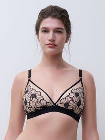 Chantelle Pulp Lush Wirefree Triangle Bra Black/Soft Pink, front view, floral lace wireless bralette, luxury lingerie at The Foundation