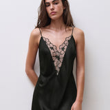 Chantelle Pulp Lush Nightdress in Black with Soft Pink lace, satin chemise, deep plunge, floral lace trim, adjustable straps.