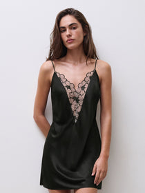 Chantelle Pulp Lush Nightdress in Black with Soft Pink lace, satin chemise, deep plunge, floral lace trim, adjustable straps.