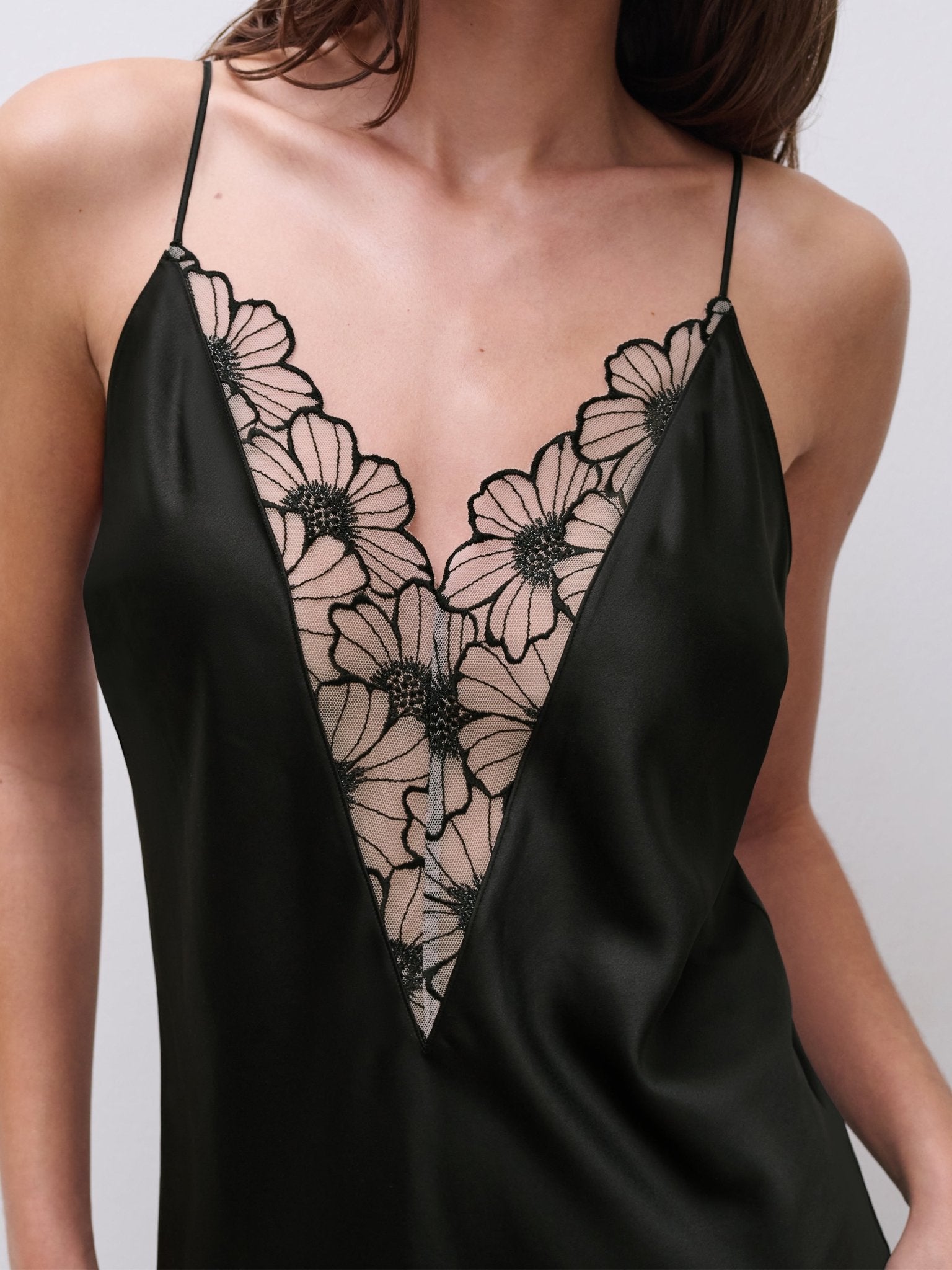 Close-up of graphic floral lace trim on Chantelle Pulp Lush Nightdress Black/Soft Pink, luxurious eco satin nightdress.
