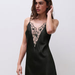 Front view of Chantelle Lush Nightdress Black/Soft Pink, V-back satin chemise with floral lace and adjustable straps.