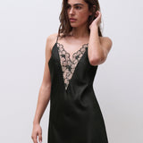 Front view of Chantelle Lush Nightdress Black/Soft Pink, V-back satin chemise with floral lace and adjustable straps.