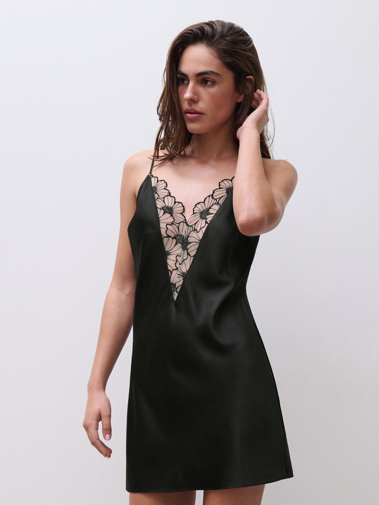 Front view of Chantelle Lush Nightdress Black/Soft Pink, V-back satin chemise with floral lace and adjustable straps.