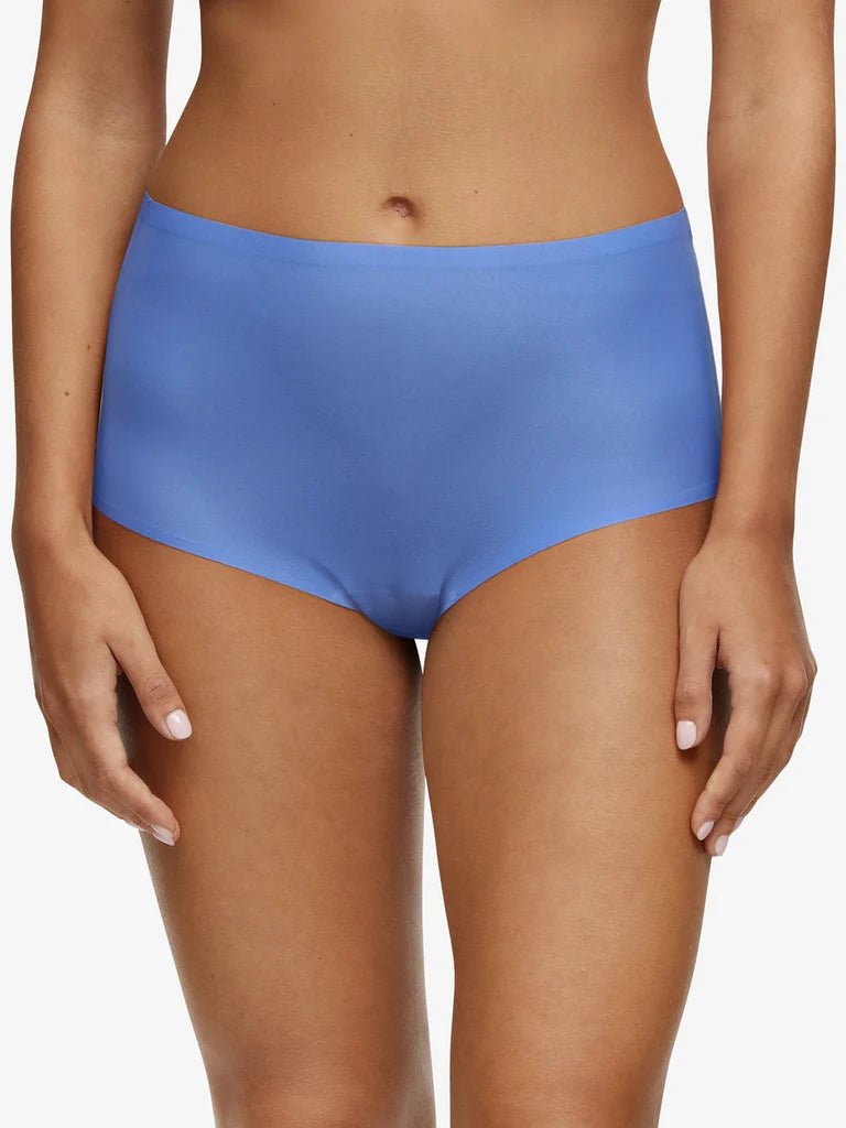 SoftStretch seamless full brief in Antoinette Blue by Chantelle shown on model, high-waisted design with full bottom coverage – available at The Foundation.