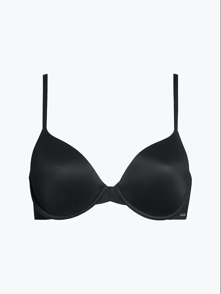 Calvin Klein Perfectly Fit T-Shirt Bra Black laid flat, highlighting seamless microfibre fabric, moulded cups, and underwire design.